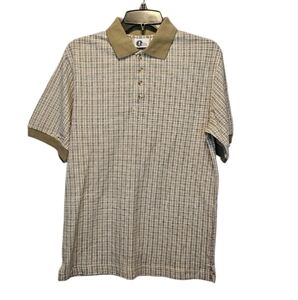 Arizona Jean Company Tan Cream Black 100% Cotton Plaid Polo Shirt Sz Lg